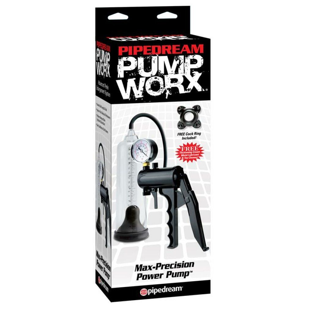 Verpackung mit Produktabbildung. Schwarze Verpackung mit Produktnamen und Produktmerkmalen. Produkt: Vakuumpumpe.