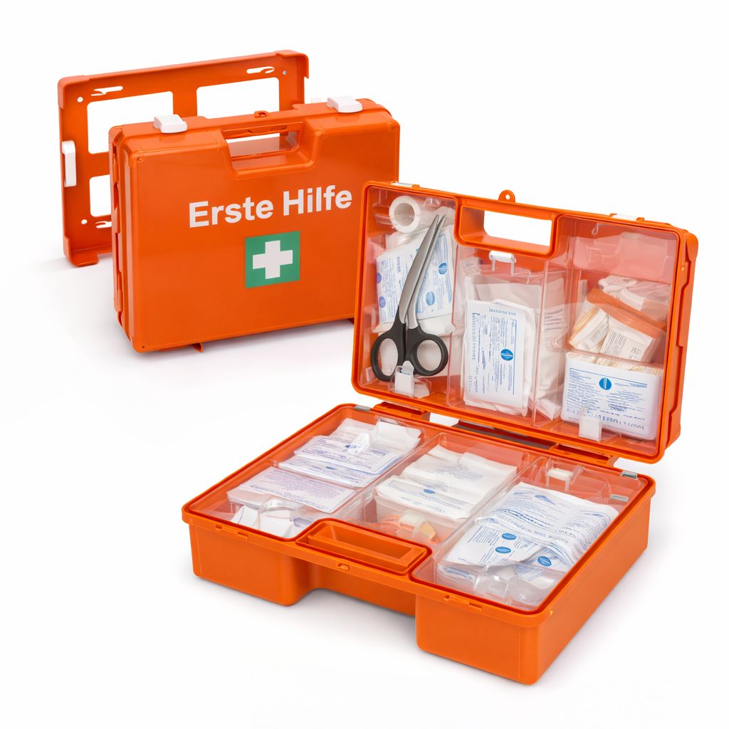 Geöffnete orangefarbene Erste-Hilfe-Koffer mit Inhalt. Deckel daneben. Text: Erste Hilfe.