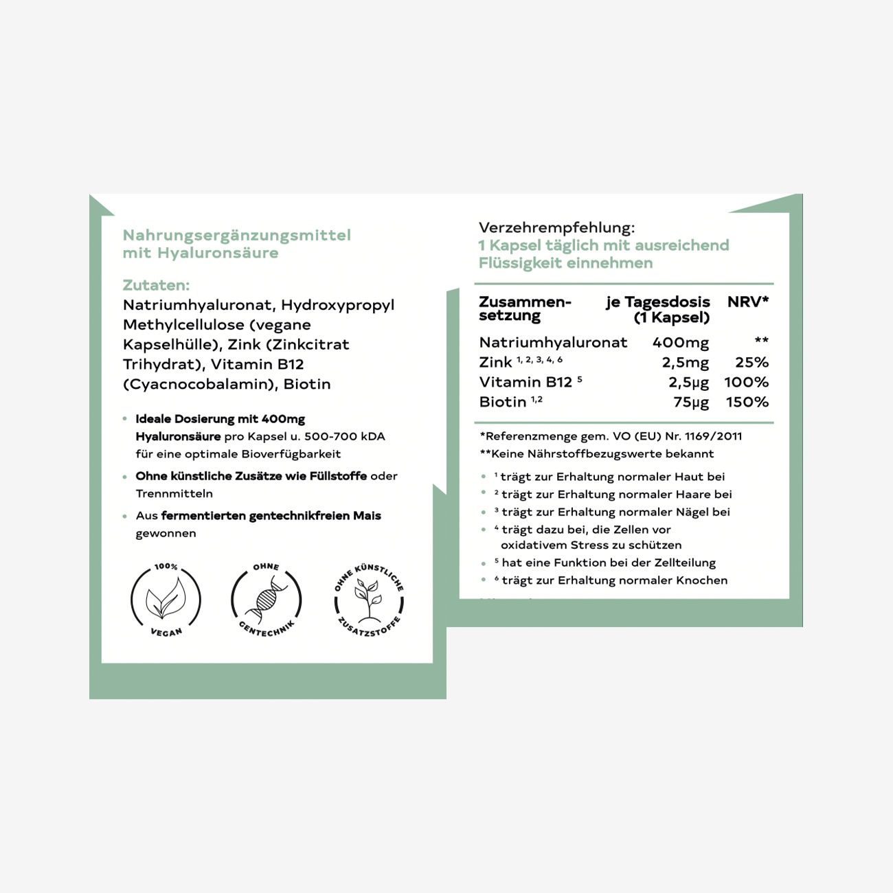 Weißes Etikett mit Produktinformationen. Inhaltsstoffe, Dosierung und Nährwertangaben. Vegan-Siegel.