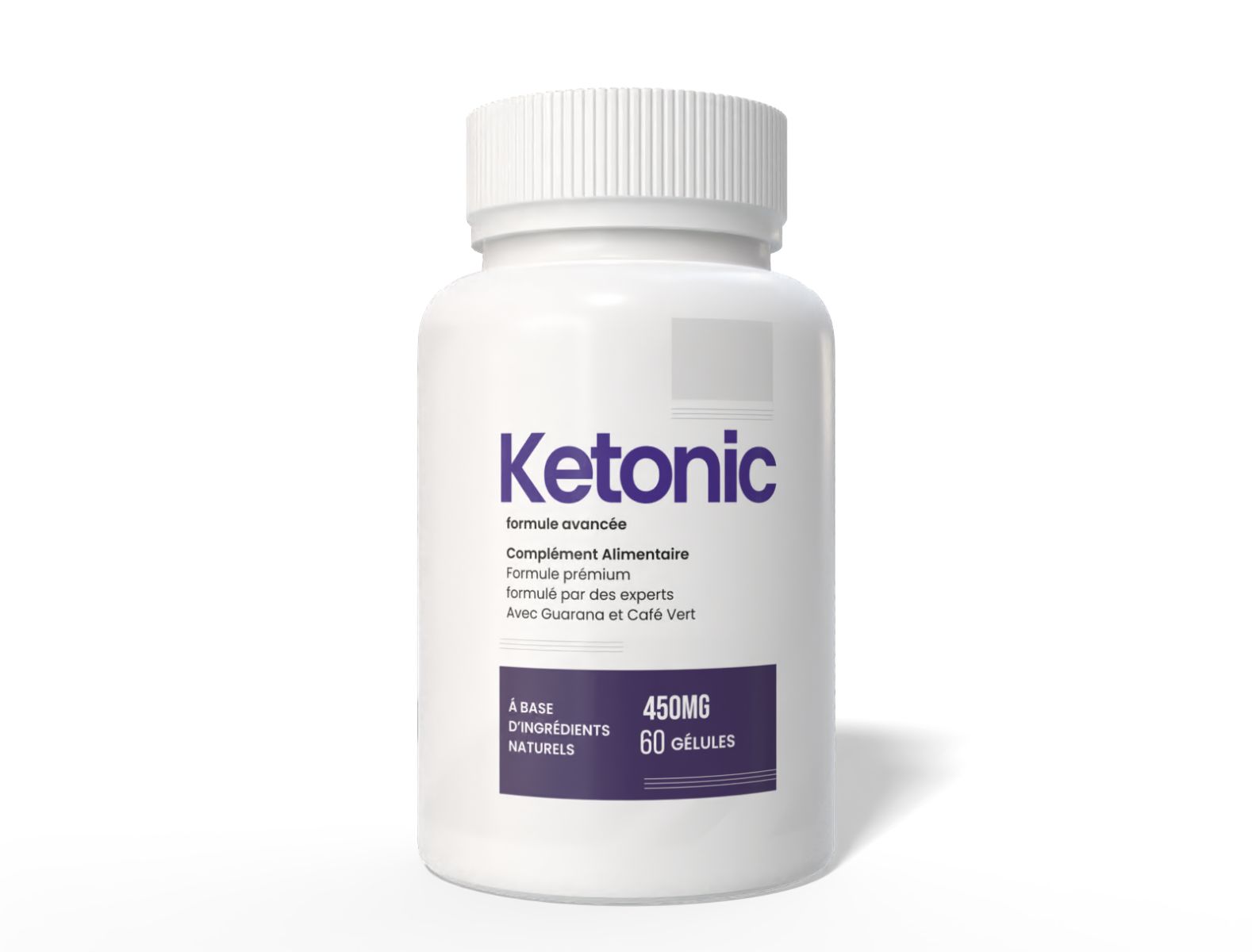 Weiße Flasche mit lila Etikett. Aufschrift: Ketonic, 450mg, 60 Kapseln. Nahrungsergänzungsmittel.