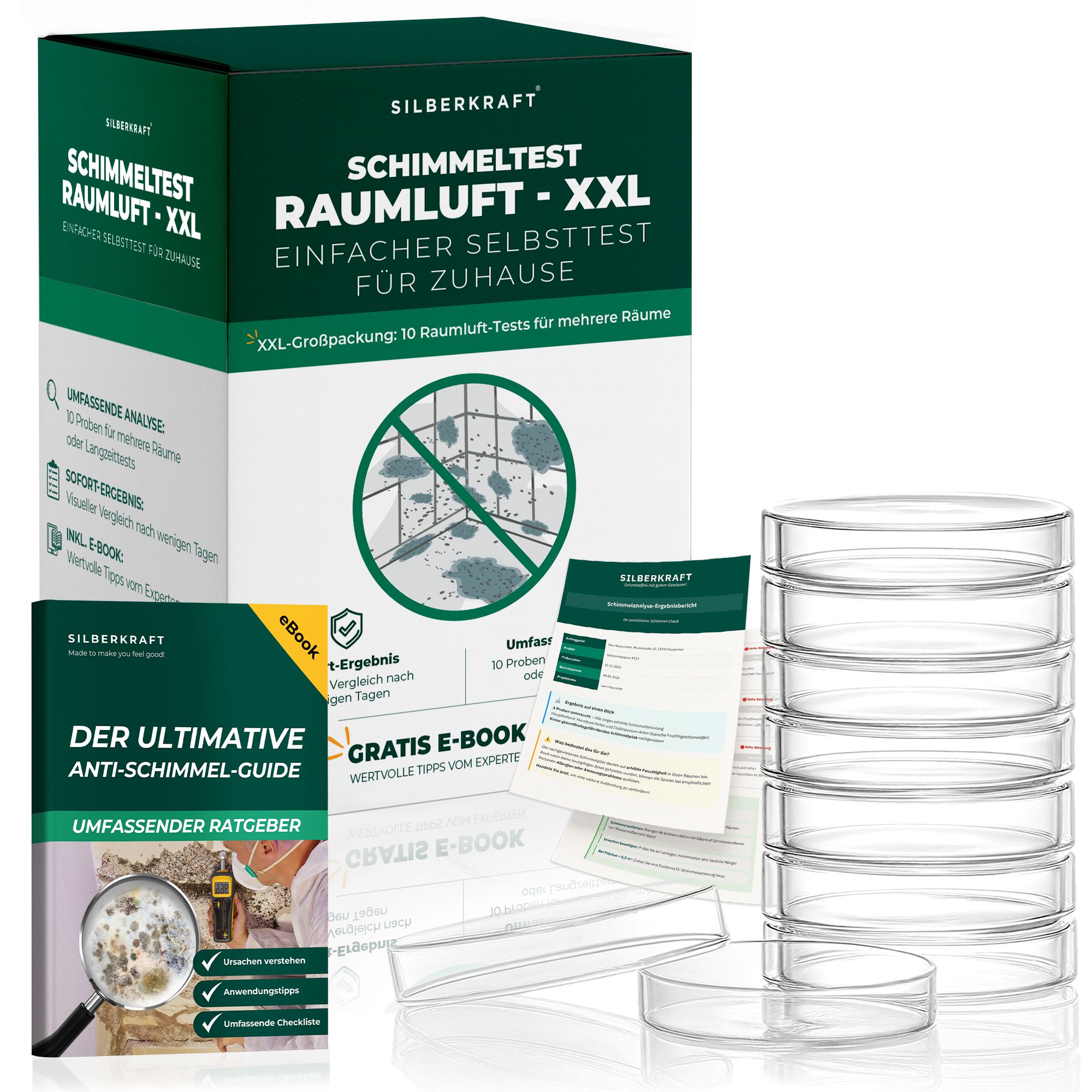 Produktverpackung und Zubehör. Box mit Aufschrift 'SILBERKRAFT Schimmeltest Raumluft XXL'. Enthält Petrischalen und Anleitungen.