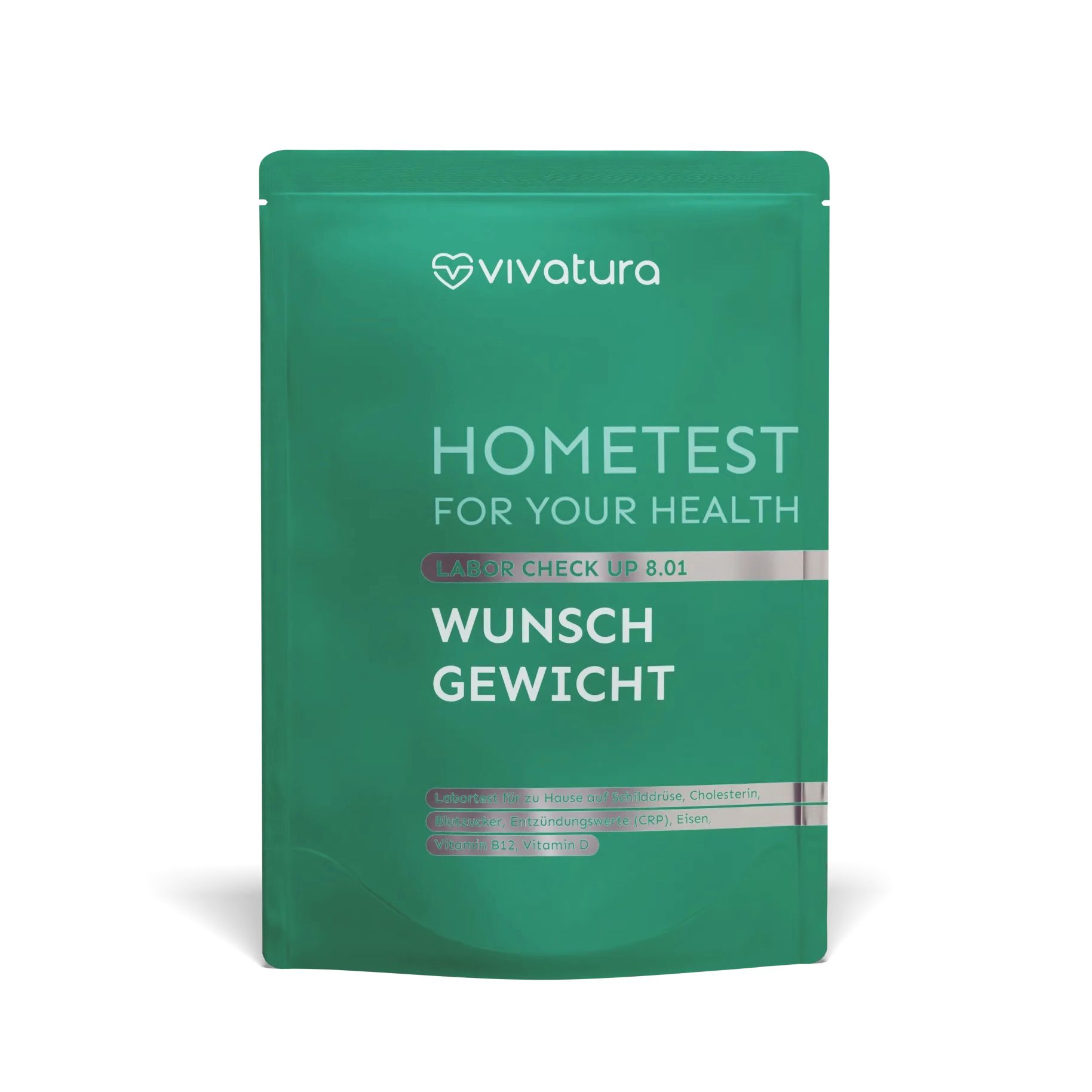 Grüne Verpackung mit vivatura® Logo und Aufschrift "HOMETEST WUNSCH GEWICHT". Enthält Labortest für die Gesundheit.