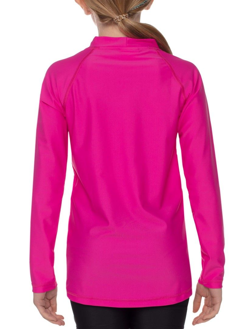 Pinkfarbenes Langarmshirt mit Stehkragen. Blick von hinten. Nähte in Kontrastfarbe.