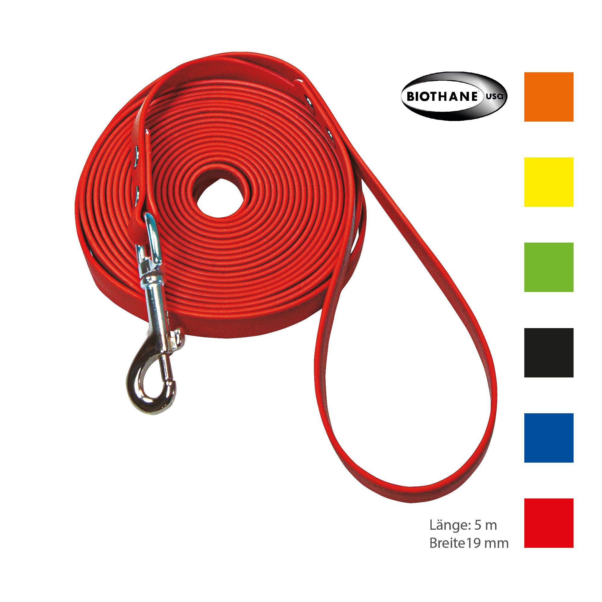 Rote Biothane Schleppleine mit Handschlaufe und Karabinerhaken. Farben-Übersicht daneben.