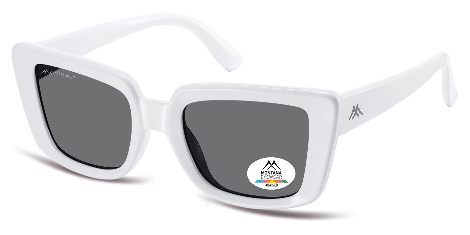 Weiße Sonnenbrille mit grauen Gläsern. Montana Eyewear Logo und Polarisations-Aufkleber auf dem Glas. Eckige Form.