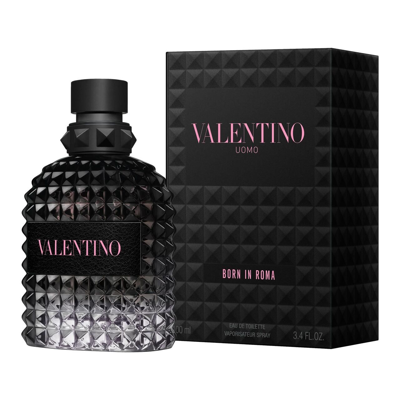 Schwarzer Flakon mit rosa Schriftzug VALENTINO und Verpackung. Aufschrift: UOMO, BORN IN ROMA. Geometrisches Muster auf Flakon und Verpackung.