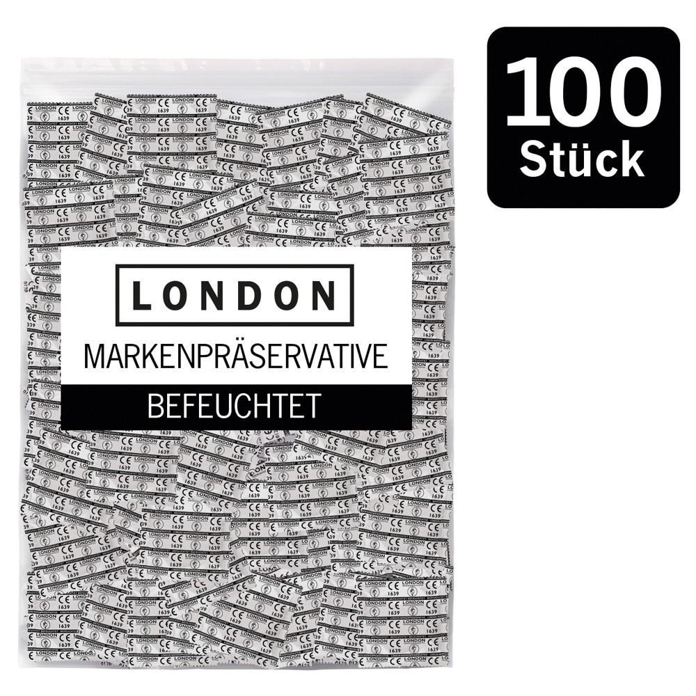 Beutel mit vielen Kondomen. Label: LONDON, Markenpräservative, Befeuchtet. 100 Stück.