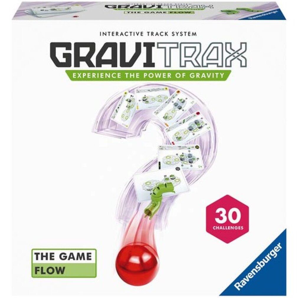 Ravensburger GraviTrax The Game Flow. Verpackung mit Spielzeug. Roter Ball, Fragezeichen-Form, 30 Herausforderungen. Ravensburger Logo.