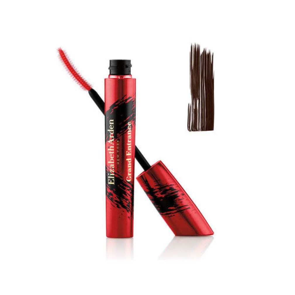 Elizabeth Arden Grand Entrance Mascara in Rot mit schwarzer Aufschrift. Der Applikator ist herausgezogen.