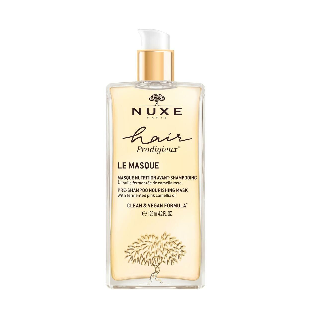 NUXE Hair Prodigieux Pre-Shampoo-Maske. Flasche mit Pumpe, goldfarbenem Verschluss. Klare Flüssigkeit.