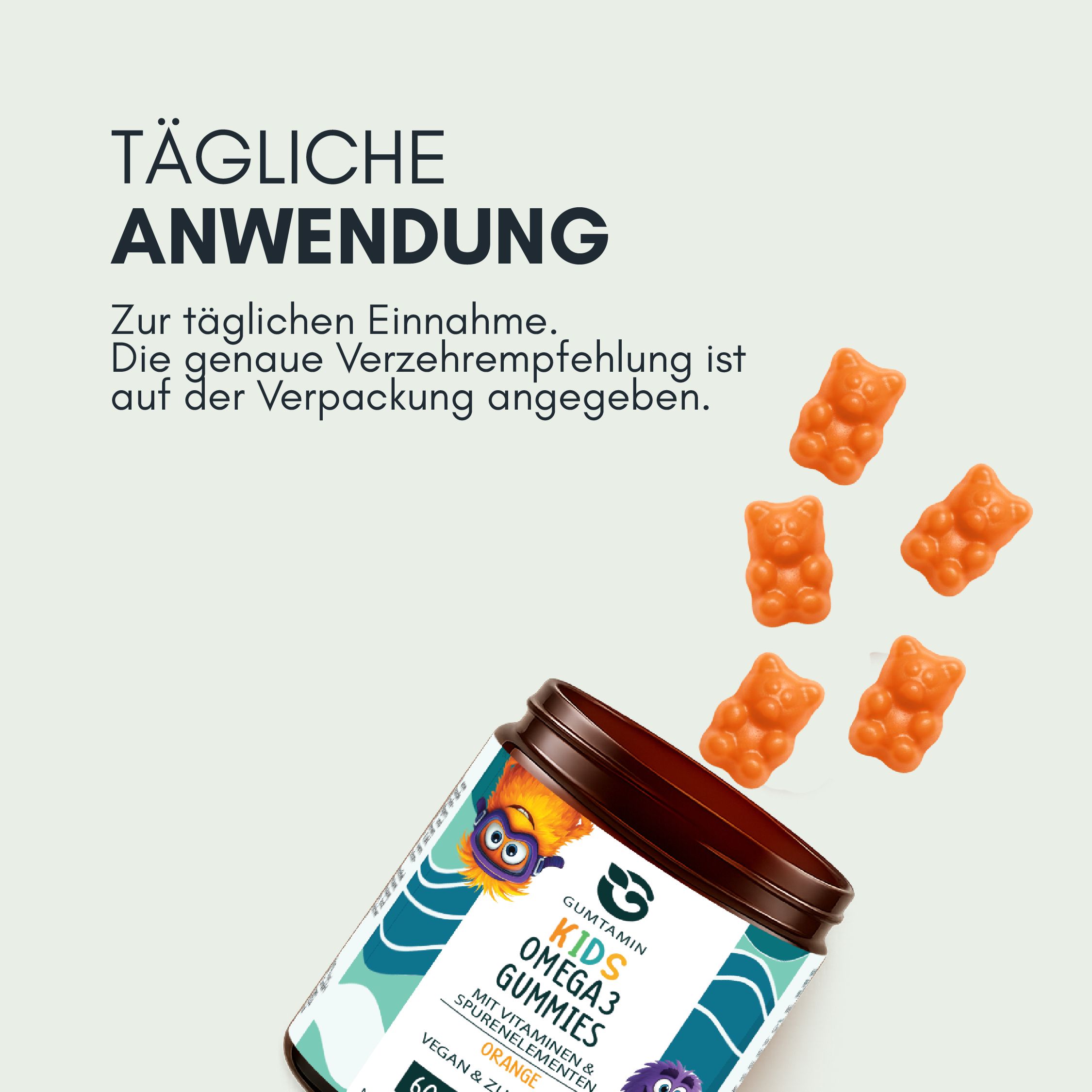 Gummibärchen in Bärenform, orange, fallen aus einer Dose. Text: Gumtamin Kids Omega 3 Gummies, Orange, vegan & zuckerfrei. Für tägliche Einnahme.