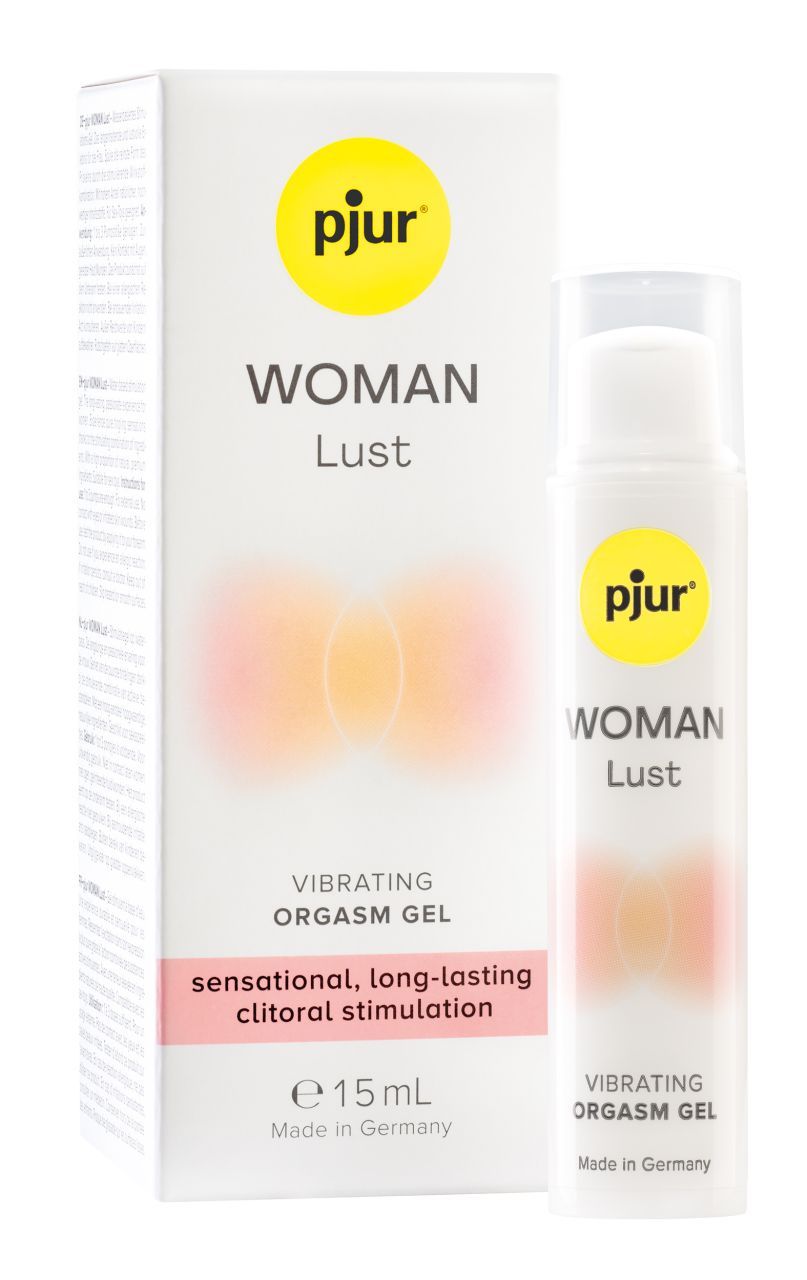 Produktverpackung und Flasche. Aufschrift: pjur, WOMAN Lust, Vibrating Orgasmus Gel. Text: sensational, long-lasting clitoral stimulation. 15ml.