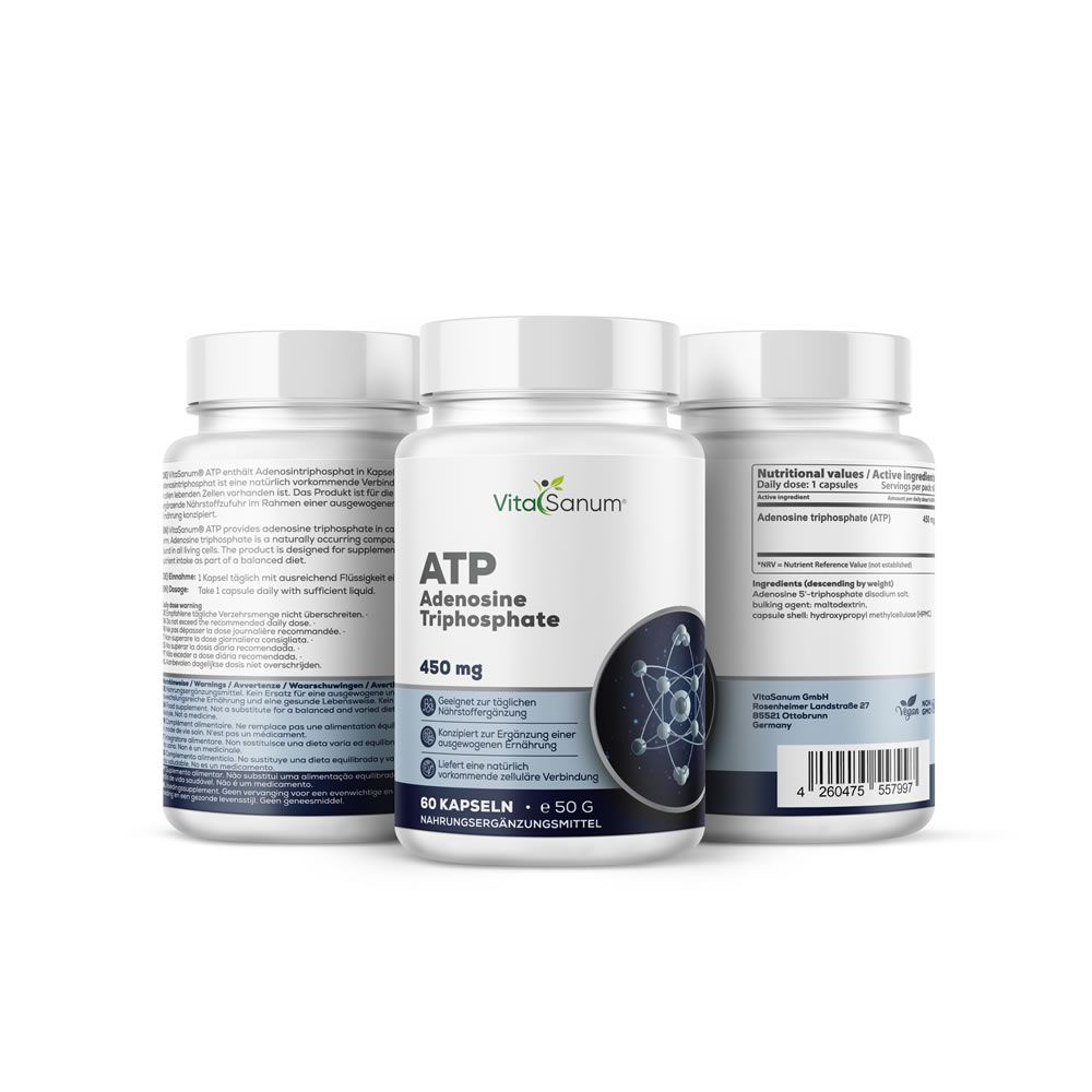 Drei weiße Flaschen mit Etiketten. Auf der mittleren Flasche steht "VitaSanum" und "ATP Adenosintriphosphat". 60 Kapseln.
