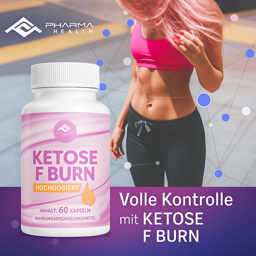 Weiße Flasche mit rosa Etikett. Aufschrift: Ketose F Burn, 60 Kapseln. Pharma Health Logo. Frau im Hintergrund.