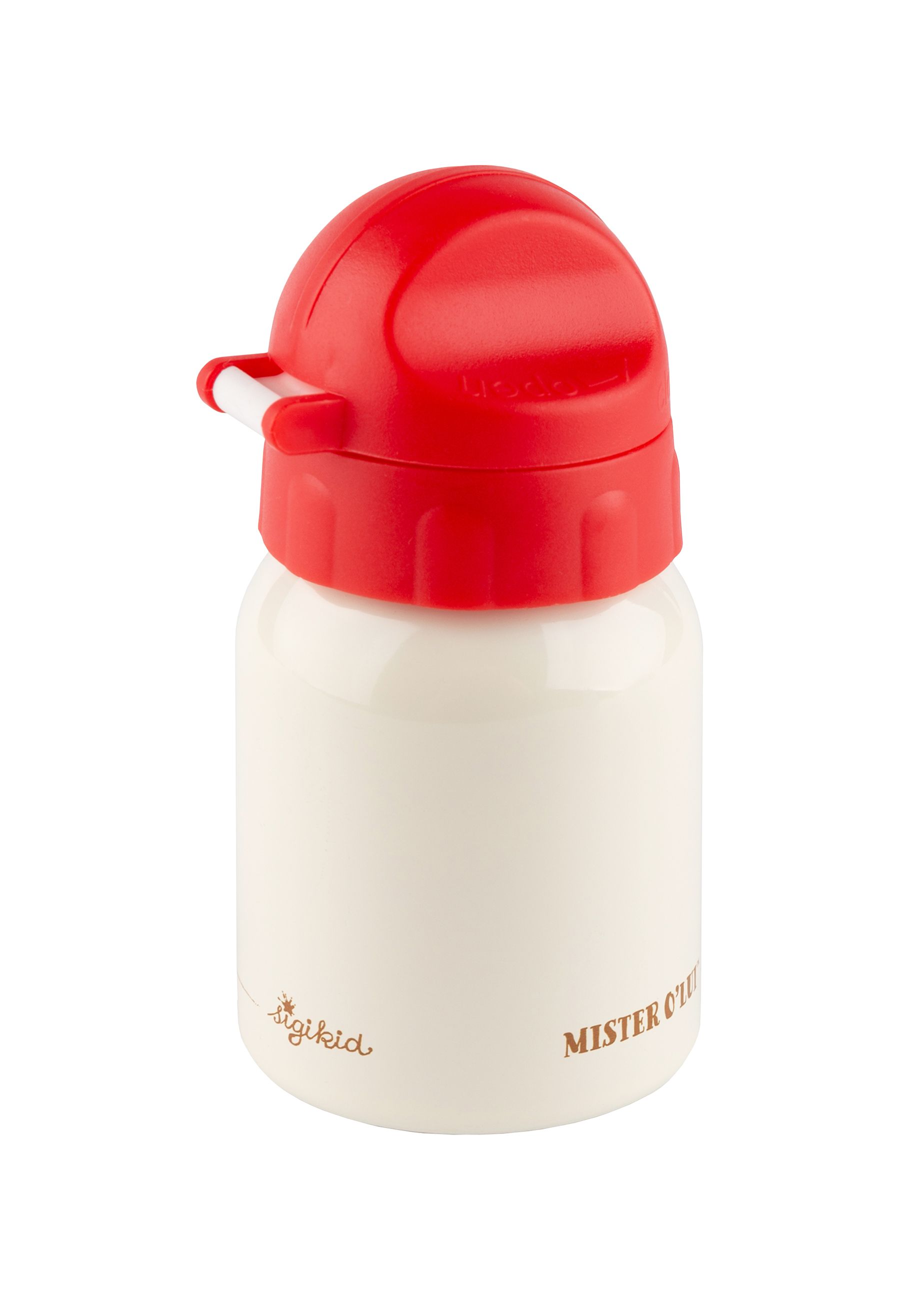 Trinkflasche mit rotem Deckel. Aufschrift: SIGIKID, Mister O'Cute. Weißes Gefäß.