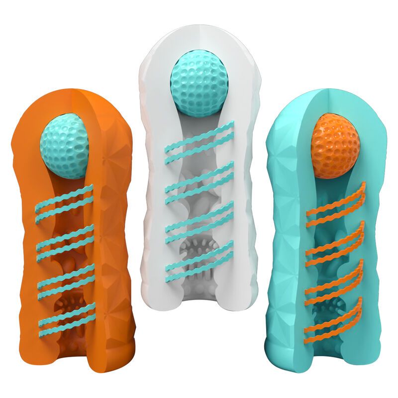 Drei Masturbatoren in Orange, Weiß und Türkis. Sie haben eine geometrische Oberfläche und eine Kugel im Inneren.