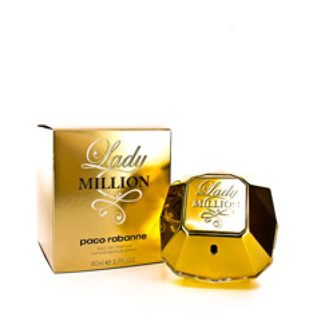 Goldfarbene Flasche und Schachtel von Lady Million. Auf der Schachtel steht paco rabanne. Die Flasche ist diamantförmig.
