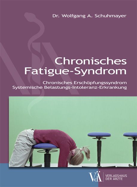 Buchcover: Chronisches Fatigue-Syndrom. Titel und Autor sichtbar. Person beugt sich über Stuhl. Verlagshaus der Ärzte.