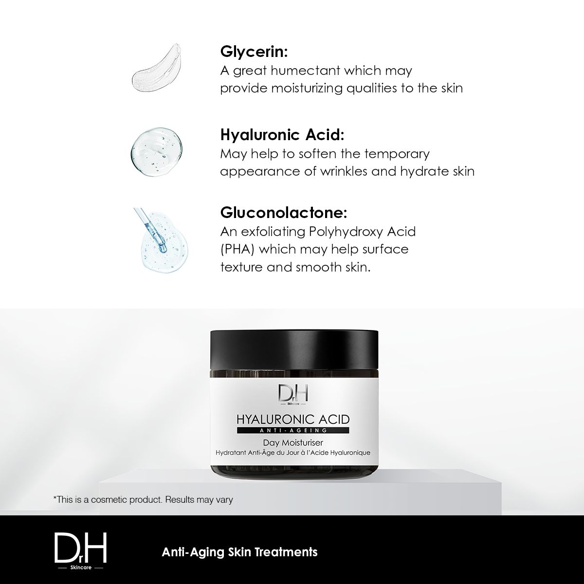 Dr H Hyaluronsäure Anti-Aging Tagescreme mit Erläuterung der Inhaltsstoffe.