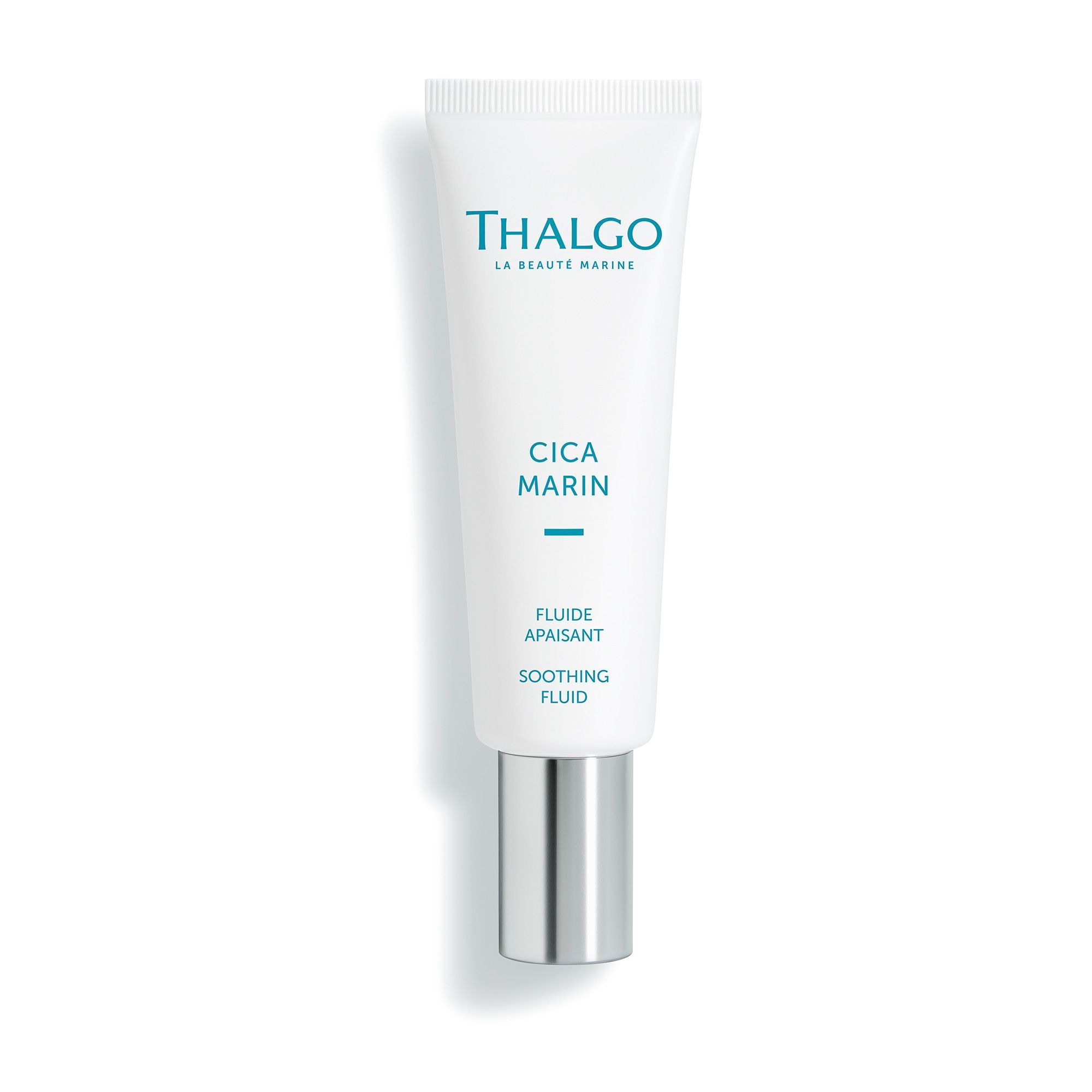 Weiße Tube mit silbernem Verschluss. Aufschrift: THALGO, CICA MARIN, Fluide Apaisant, Soothing Fluid.
