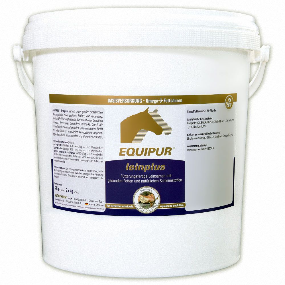 Weißer Eimer mit Etikett. Aufschrift: EQUIPUR leinplus. Enthält Omega-3-Fettsäuren. Produkt für Pferde.