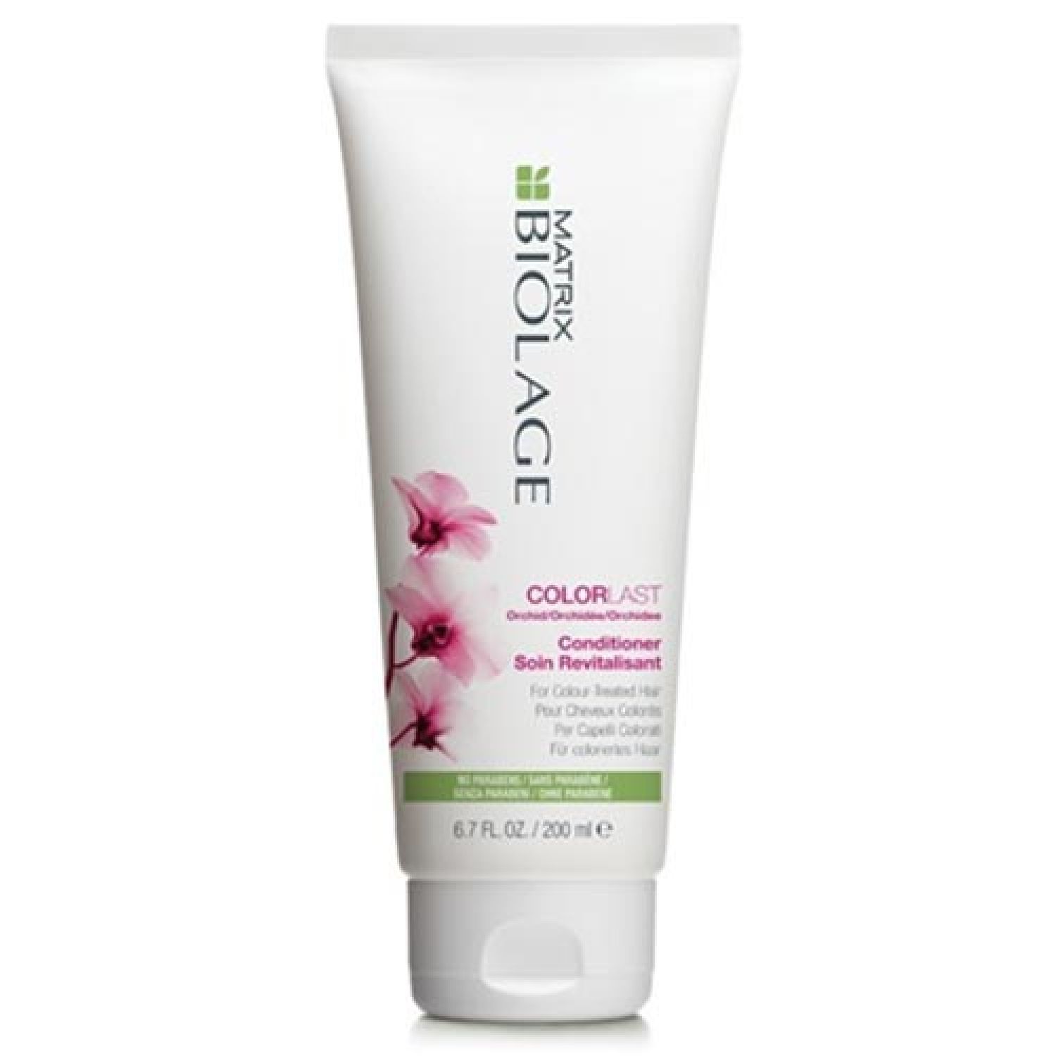 Weißer Conditioner-Tiegel mit grüner und rosa Beschriftung. Matrix Biolage ColorLast. Orchideen-Illustration.