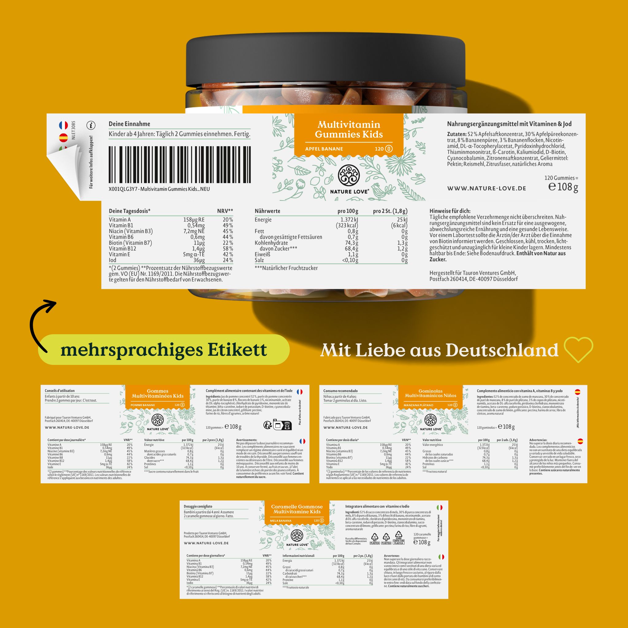 NATURE LOVE® Multivitamin Gummies Kids – 120 Stk – ohne Zuckerzusatz – Vit A, B1, B3, B6, B7, B12, E