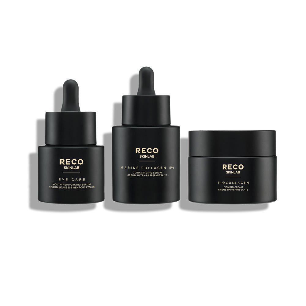 Drei schwarze Flakons und ein Tiegel. Aufschrift: RECO SKINLAB. Produkte: Eye Care, Marine Collagen 5%, BioCollagen.