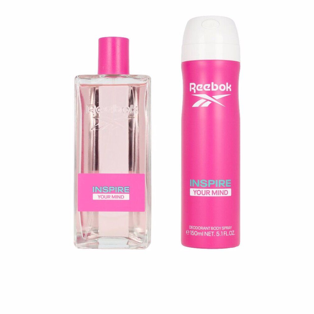 Zwei Produkte: Flakon und Spraydose. Beide pinkfarben mit weißem Reebok-Logo. Aufschrift: INSPIRE YOUR MIND.