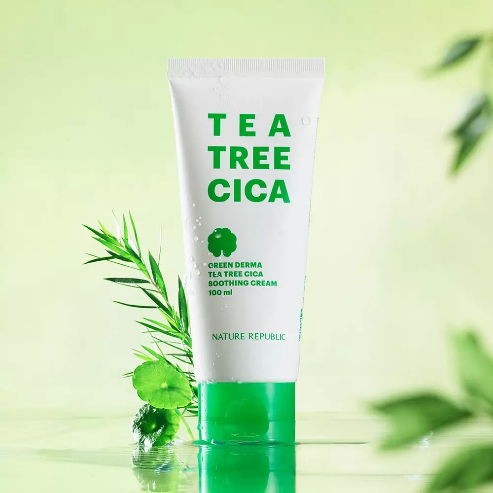 Weiße Tube mit grünem Deckel, umgeben von grünen Blättern. Aufschrift: TEA TREE CICA. Marke: NATURE REPUBLIC.