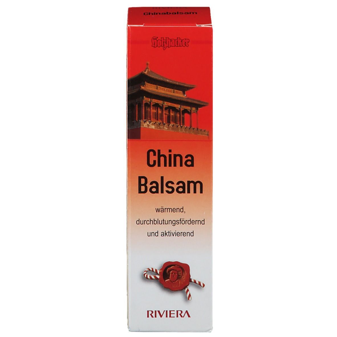 Schachtel Chinabalsam. Rote Schachtel mit Bild, Produktname und Text. Marke Riviera.