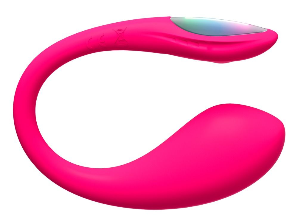 Rosa Vibrator mit farbigem Licht am oberen Ende. Geschwungene Form. Produktansicht von oben.