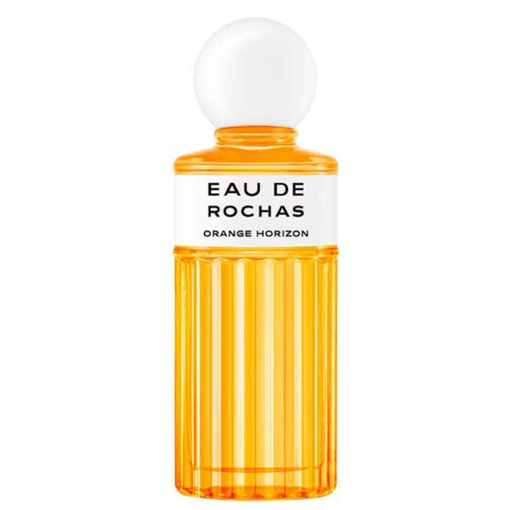 Eau de Rochas Orange Horizon Eau de Toilette Flakon mit weißem Verschluss und geripptem Glas.