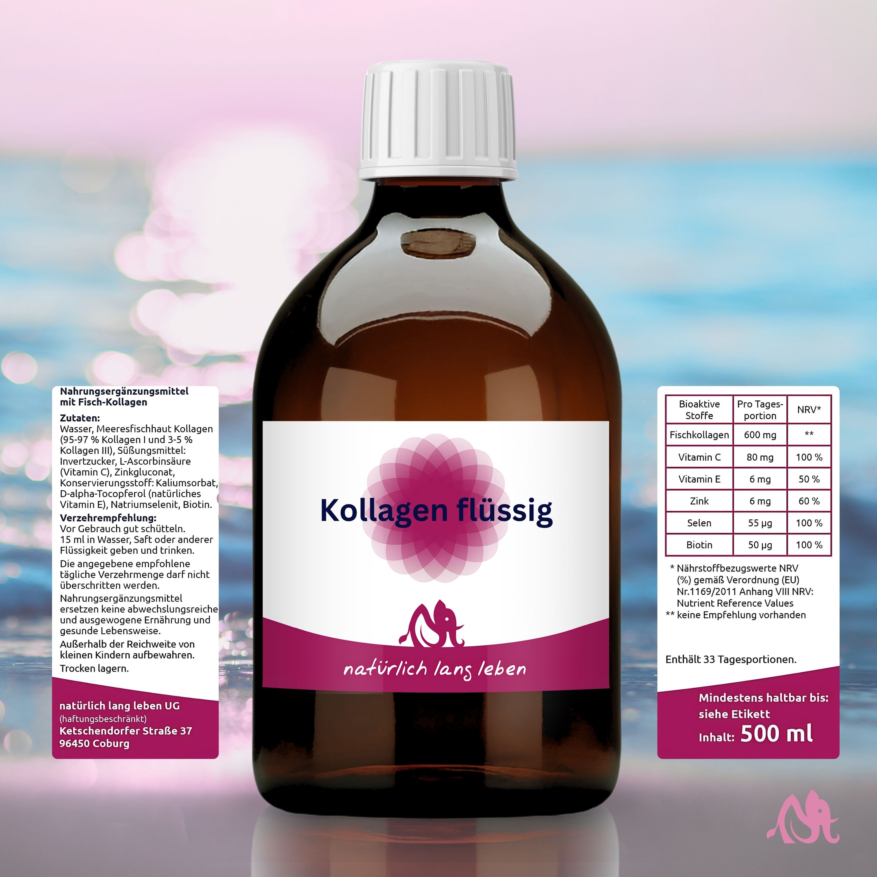 Braune Flasche mit weißem Deckel und Etikett. Etikett mit Text: Kollagen flüssig. Zusätzliche Informationen und Nährwerttabelle.