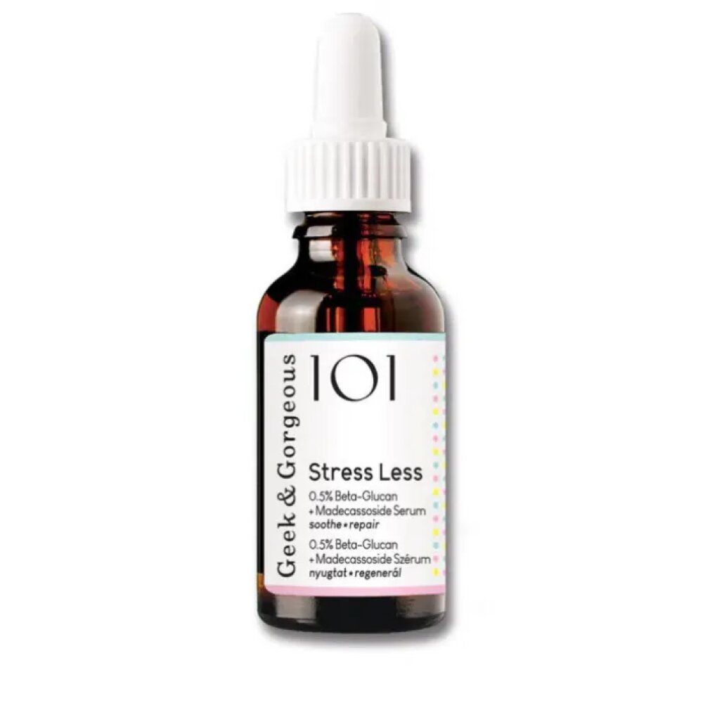 Braune Glasflasche mit Pipette und weißem Deckel. Aufschrift: Stress Less. Produktetikett mit Inhaltsstoffen.