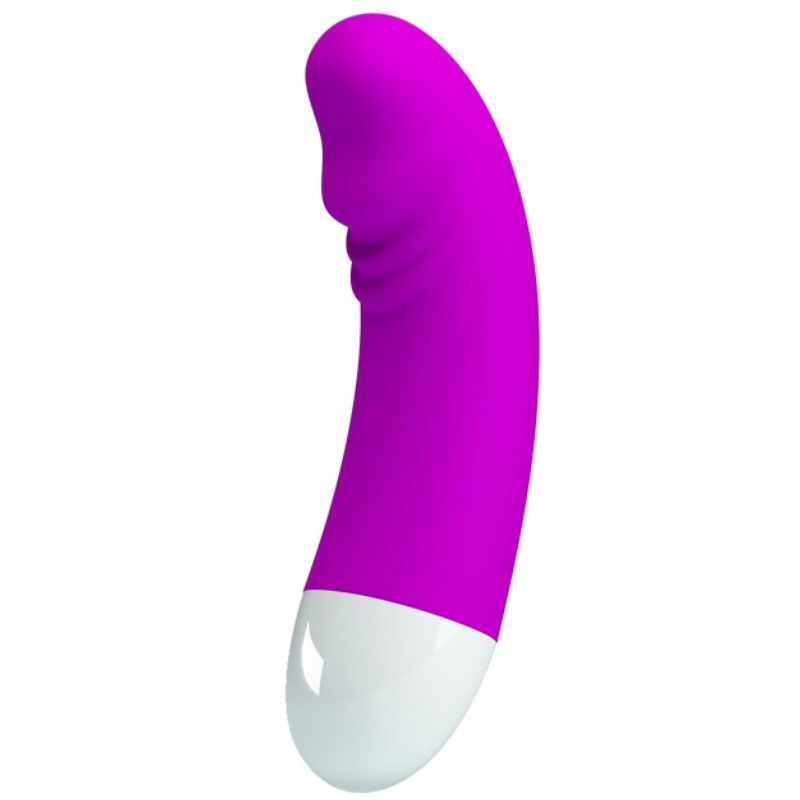 Gebogener lila Vibrator mit weißer Spitze.