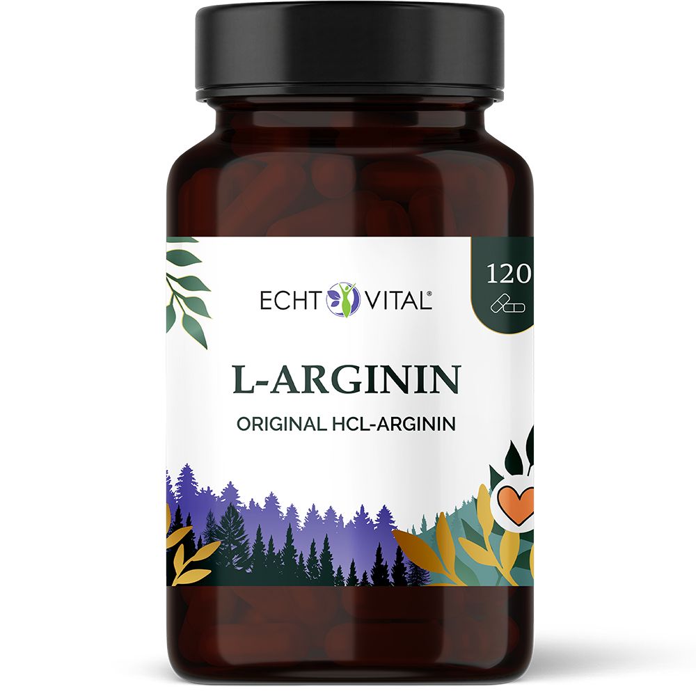 Braune Flasche mit L-Arginin Kapseln, Etikett mit Waldmotiv und Herz.