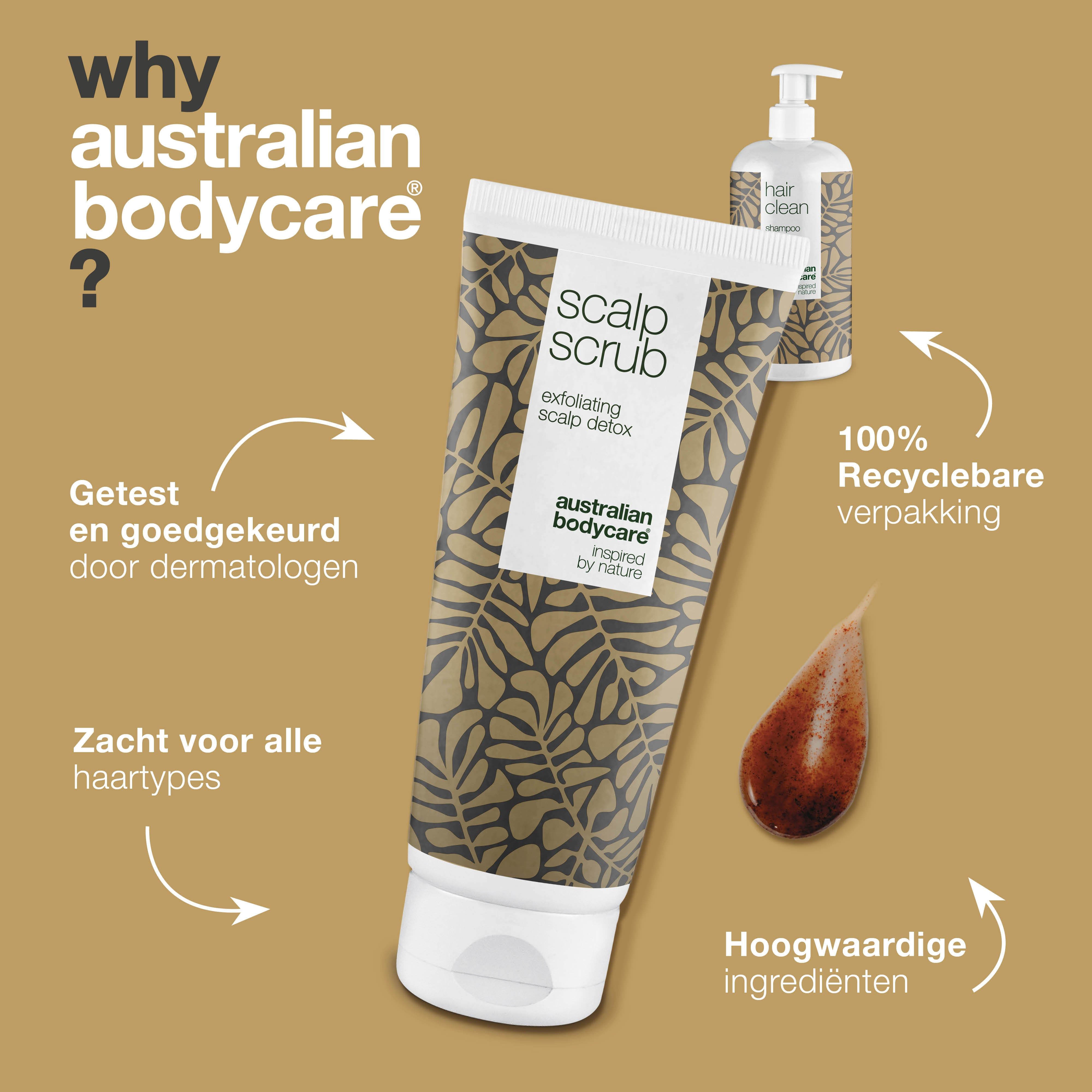 Scrubtube en shampoofles. Tekst: Getest, 100% recyclebare verpakking, hoogwaardige ingrediënten. Opschrift: Scalp Scrub.