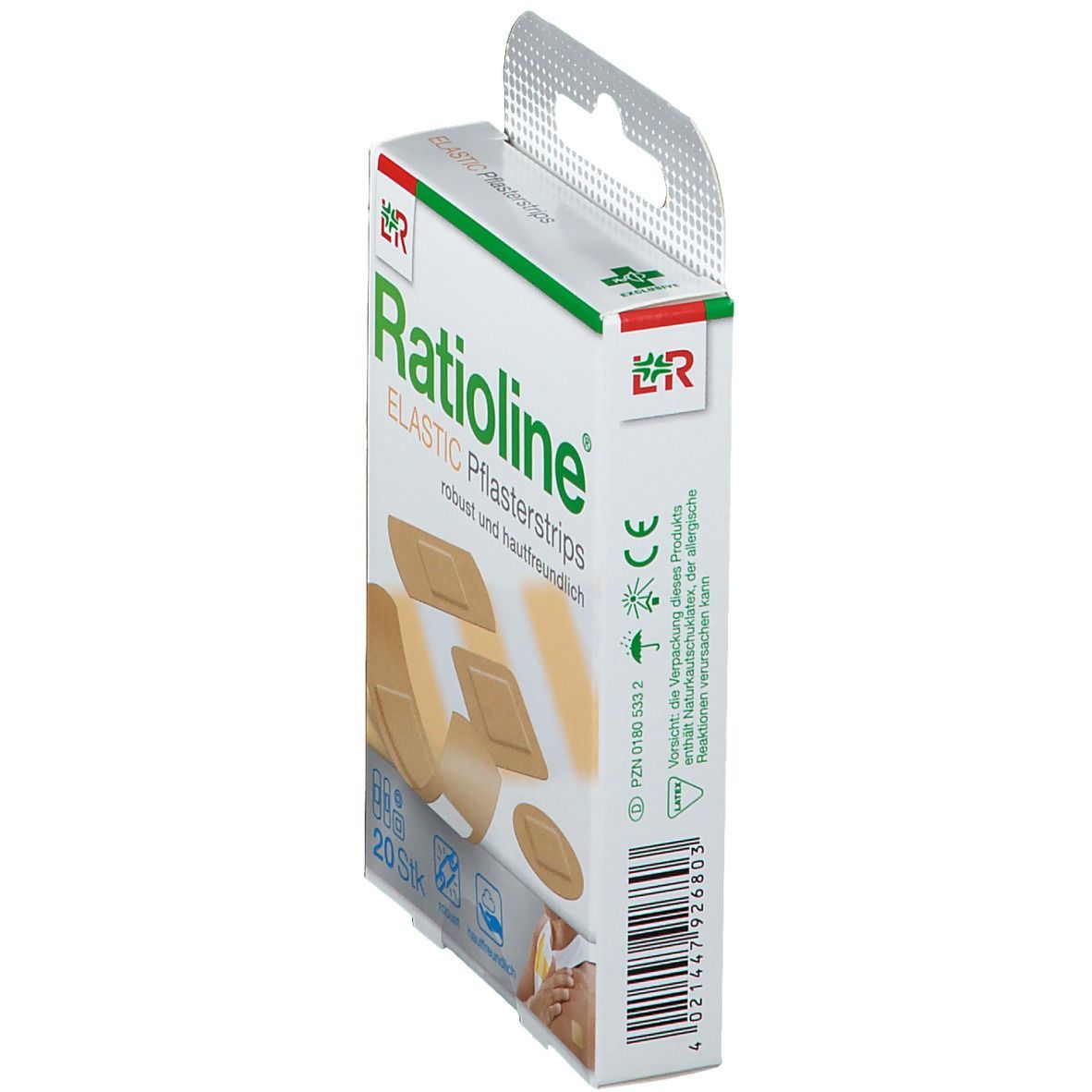 Ratioline® elastic Pflasterstrips-Verpackung, Seitenansicht. Text und Abbildungen von Pflastern. CE-Kennzeichnung.