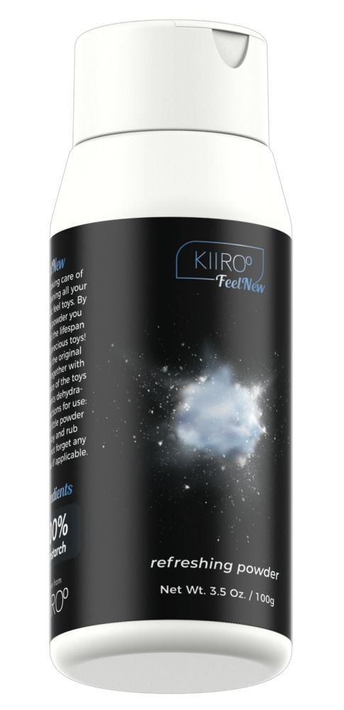 Weiß-schwarze Flasche mit weißem Deckel. Aufschrift: Kiiroo FeelNew, refreshing powder. Net Wt. 3.5 Oz. / 100g.