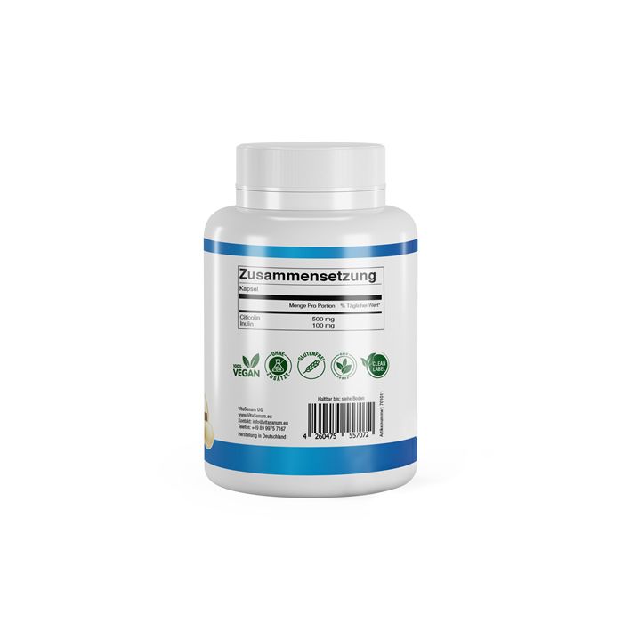 Weiße Flasche mit blauem Streifen. Aufschrift: Zusammensetzung, Citicolin, 500 mg. Vegan-Siegel, Glutenfrei-Siegel.