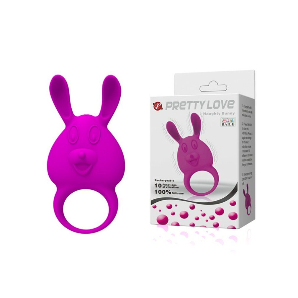 Lila Hasen-Vibrator mit Ohren und einem Ring, neben seiner Verpackung.