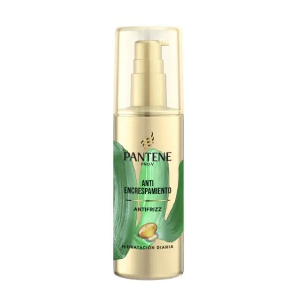 Goldfarbene Flasche mit Pumpverschluss. Aufschrift: PANTENE PRO-V, ANTI ENCRESPAMIENTO, ANTIFRIZZ, HIDRATACIÓN DIARIA. Grüne und gelbe Elemente.