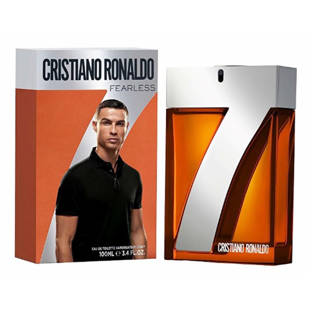 Eau de Toilette-Flakon und -Verpackung. Flakon orangefarben, silberner Deckel, weißes '7'. Verpackung mit Porträt und Logo.