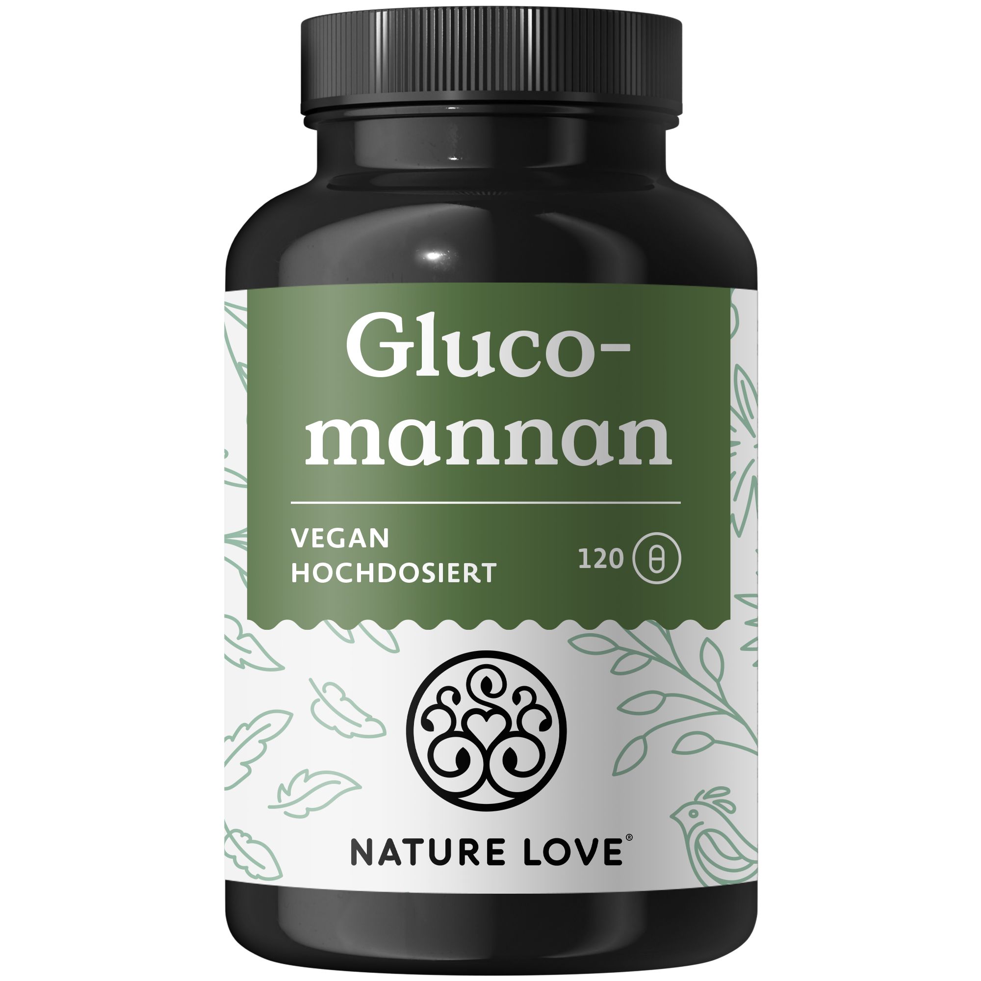 Dunkle Flasche mit weißem Etikett. Aufschrift: Glucomannan, vegan, hochdosiert. 120 Kapseln. Logo und Schriftzug NATURE LOVE®.