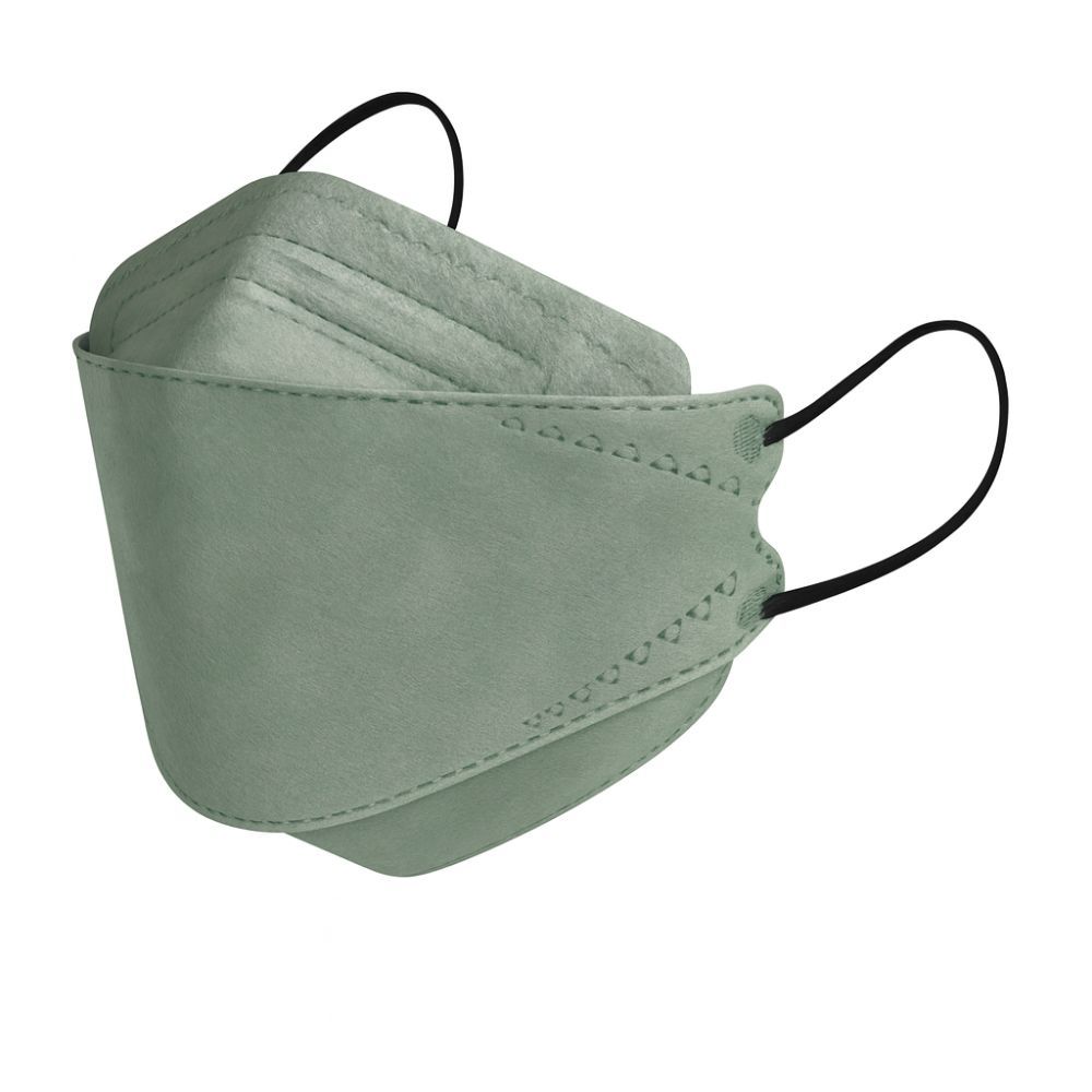 Grüne Gesichtsmaske mit schwarzen Ohrschlaufen. Die Maske hat eine dreidimensionale Form und ist aus Stoff gefertigt.