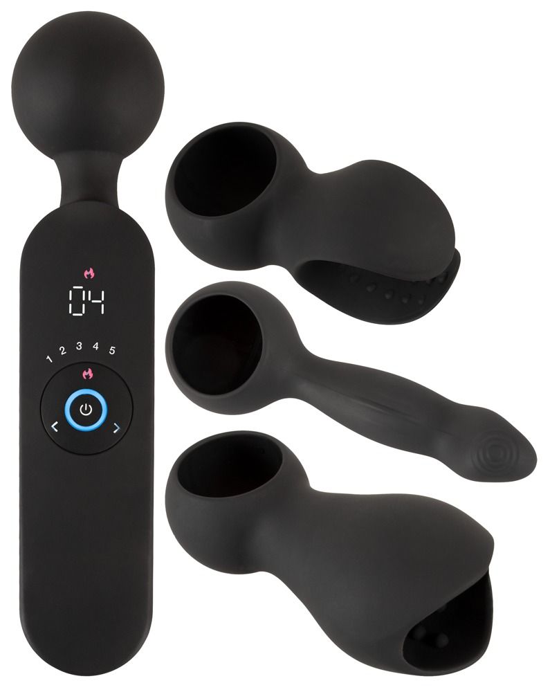 Schwarzer Vibrator mit drei Aufsätzen. Der Vibrator hat einen Bedienknopf und ein Display. Aufsätze in verschiedenen Formen.