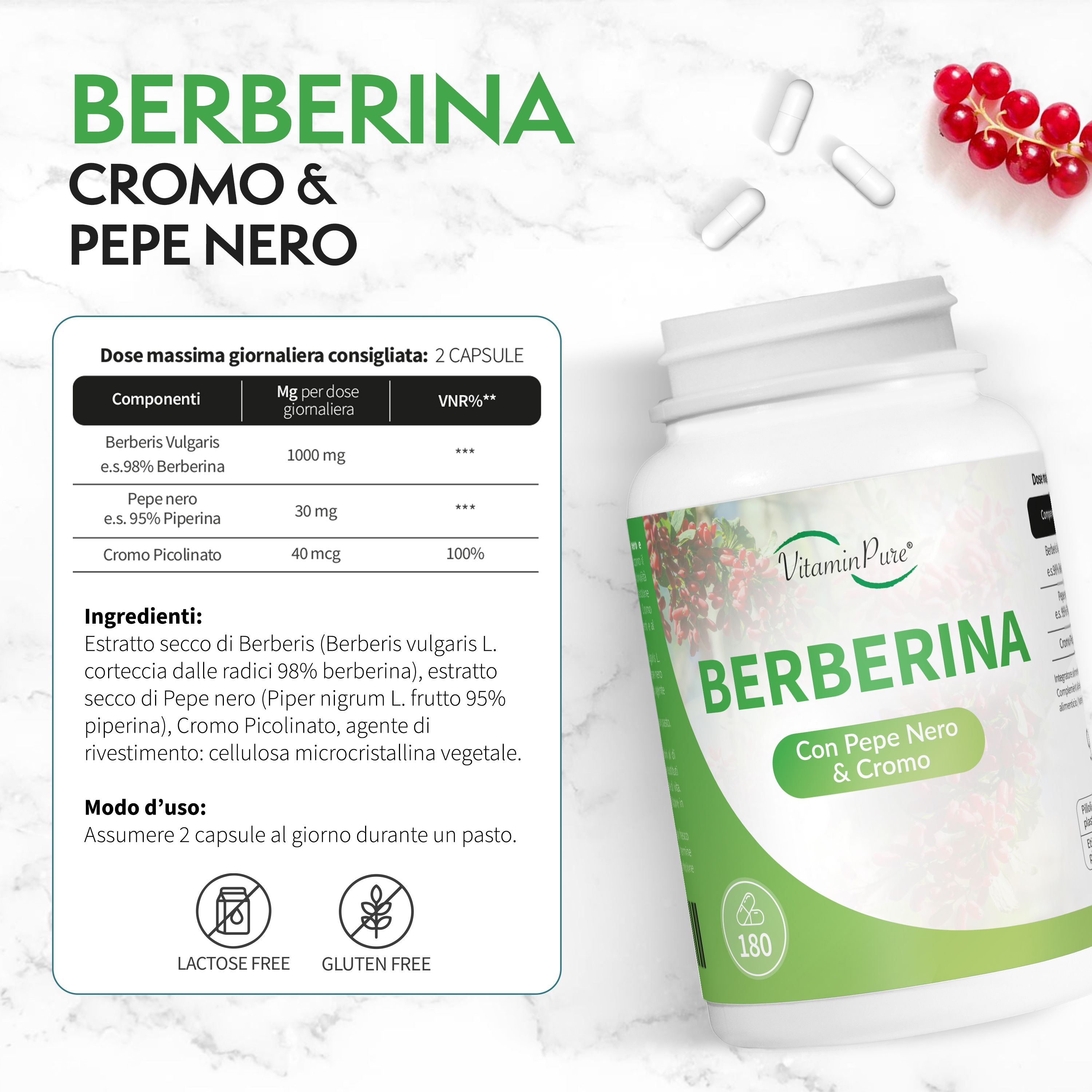 Flacone VitaminPure Berberina, 180 capsule. Testo: Berberina, cromo e pepe nero. Dosaggio, ingredienti, istruzioni per l'uso. Senza lattosio e senza glutine.