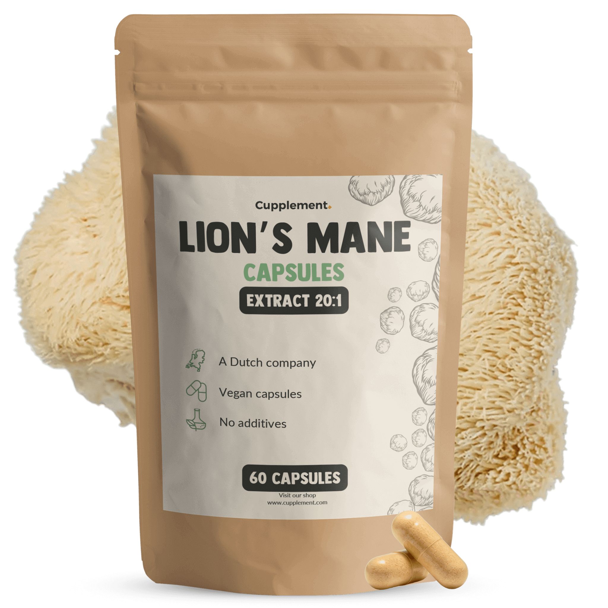 Beutel mit Kapseln und Löwenmähne-Pilz. Aufschrift: Lion's Mane Capsules, Extrakt 20:1. Vegan, keine Zusatzstoffe. 60 Kapseln.