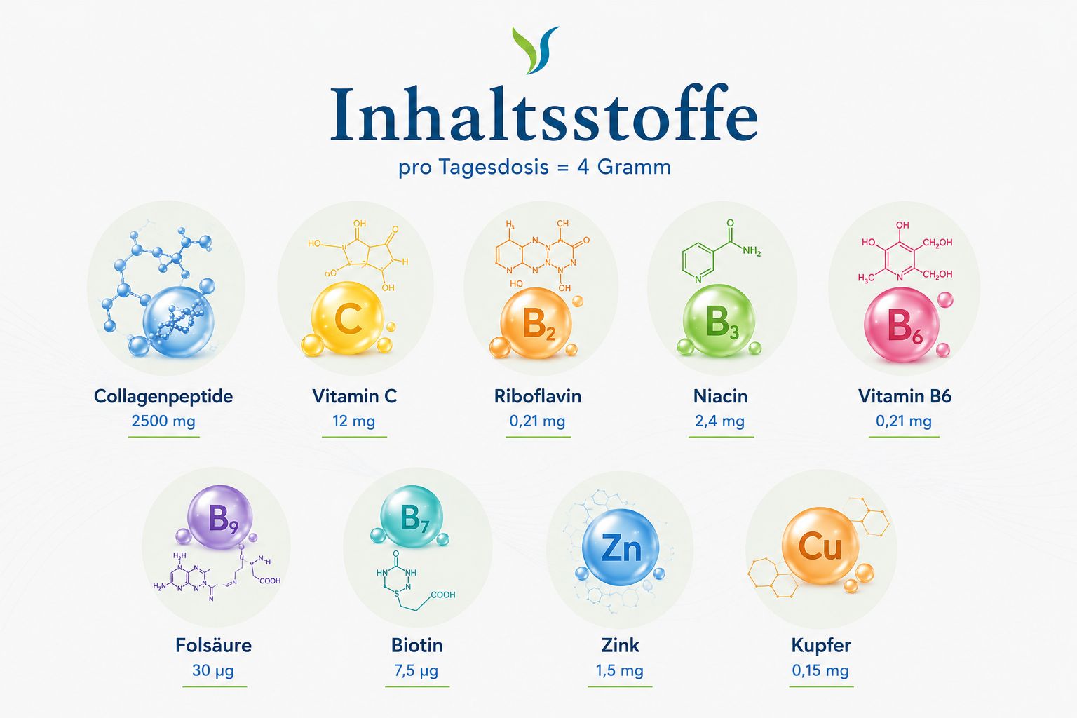 Grafik zeigt Inhaltsstoffe: Collagenpeptide, Vitamin C, B2, B1, B6, Folsäure, Biotin, Zink, Kupfer.